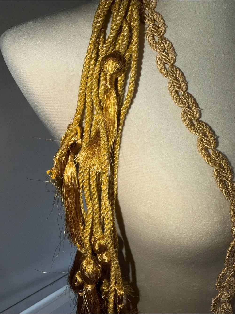 Gold Braided Rope tassel and dozen gold tie backs   Gold Venice trim, silver bow